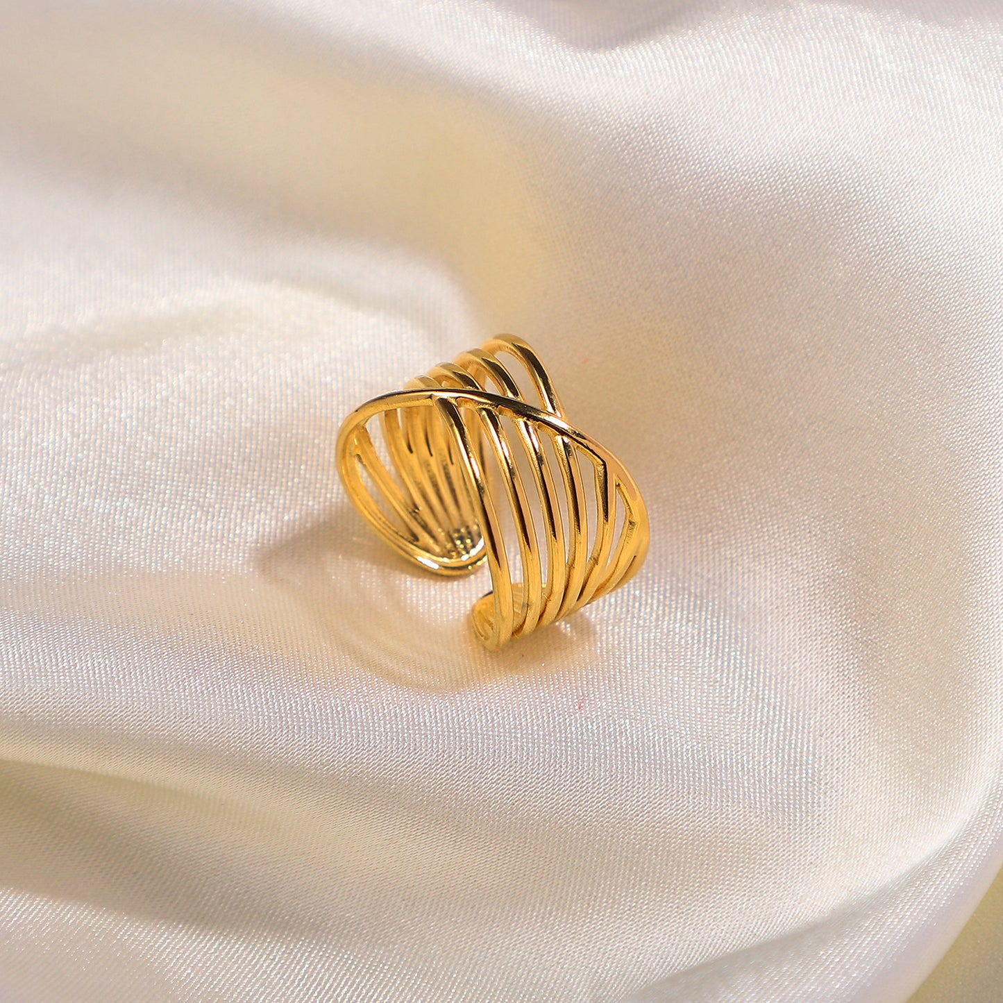 Anillo Abierto Multicapa Cruz Geométrico de Moda Bañado en Oro 18K Acero Titanio Joyería para Mujer