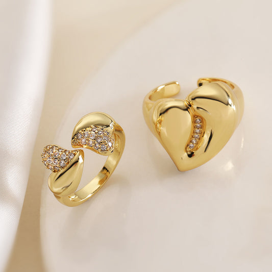 Minimalist Luxe 18K Gold-Plated Zircon Heart-Shaped Adjustable Ring for Women