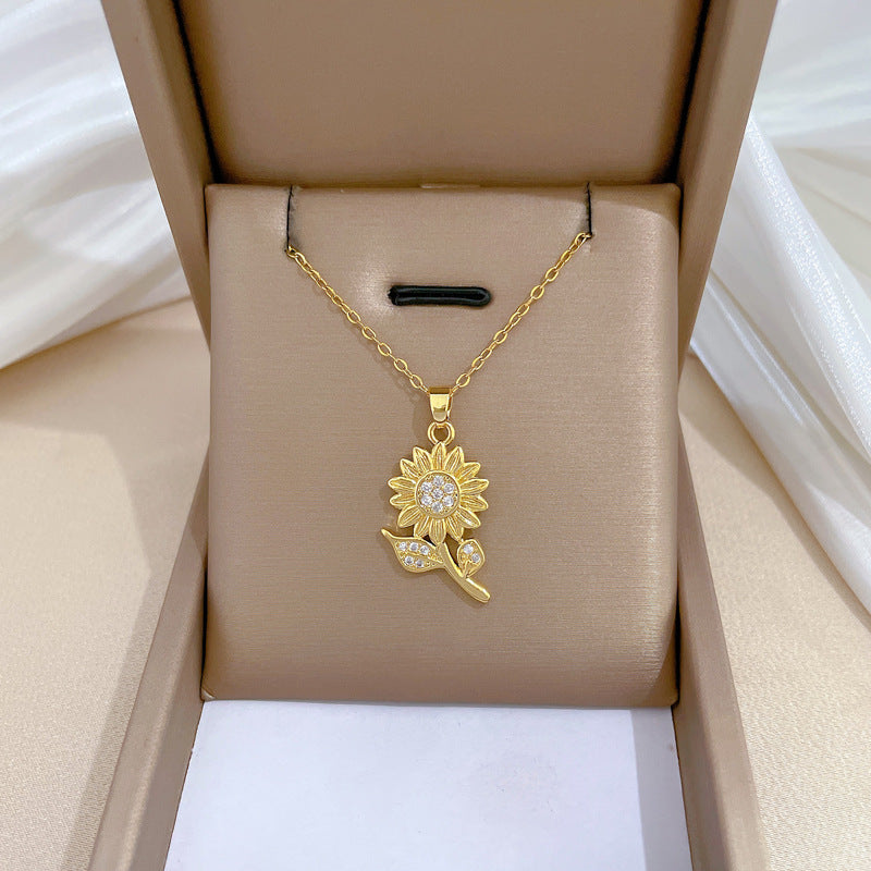 Minimalist Sunflower Pendant Necklace for Women with Zircon Inlay on Titanium Steel Chain