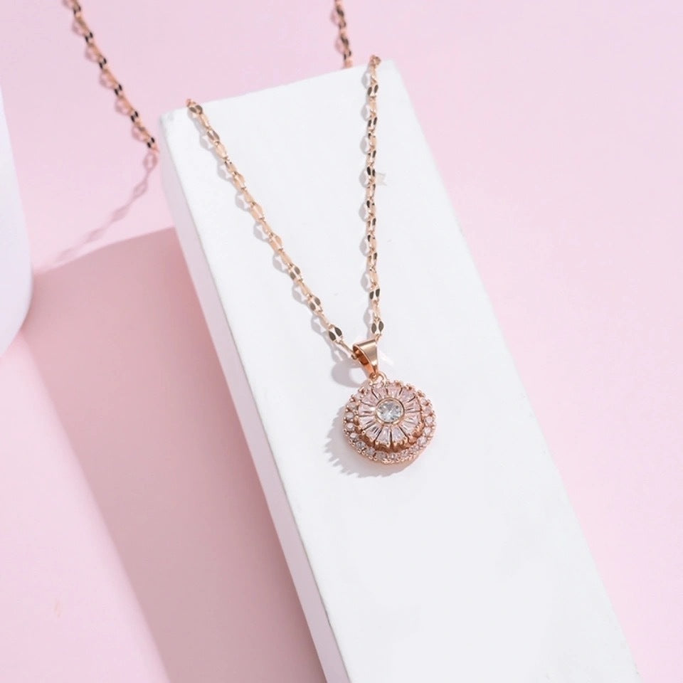 Minimalist Rotating Pink Necklace for Women with Geometric Pendant, Titanium Steel Chain, Zircon Inlay, Daisy and Sunflower Floral Pattern, Long Sweater Chain