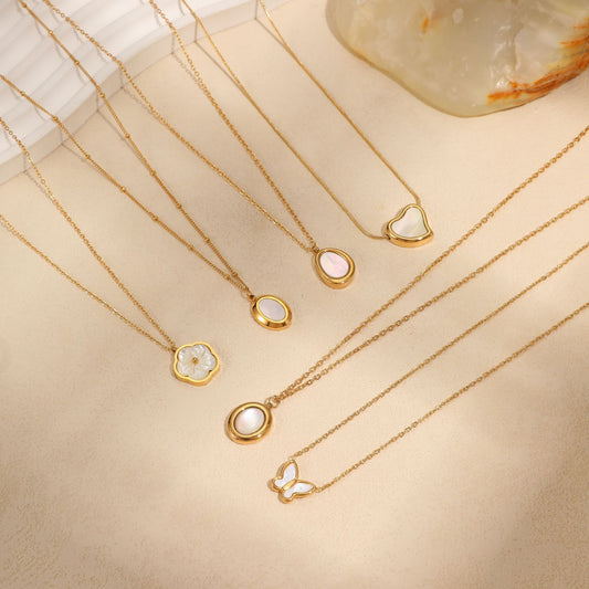 Geometric Heart Shaped Stainless Steel Pendant Necklace with Mother of Pearl Inlay for Women, Plated Finish, Fashionable Office Wear Collarbone Chain