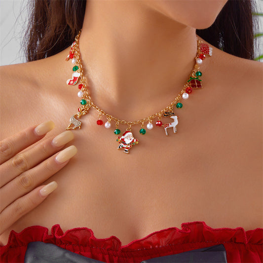 Elegante Collar Colgante Temático Navideño para Mujer con Diseño Floral 3D Base de Aleación de Zinc Acabado Electrochapado con Motivos de Papá Noel Copo de Nieve y Cascabel