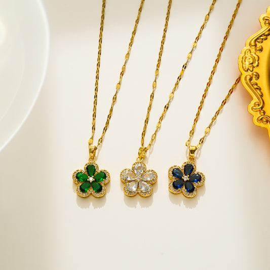 Minimalist Floral Zirconia Necklace for Women with Titanium Steel Pendant and Plated Snake Chain
