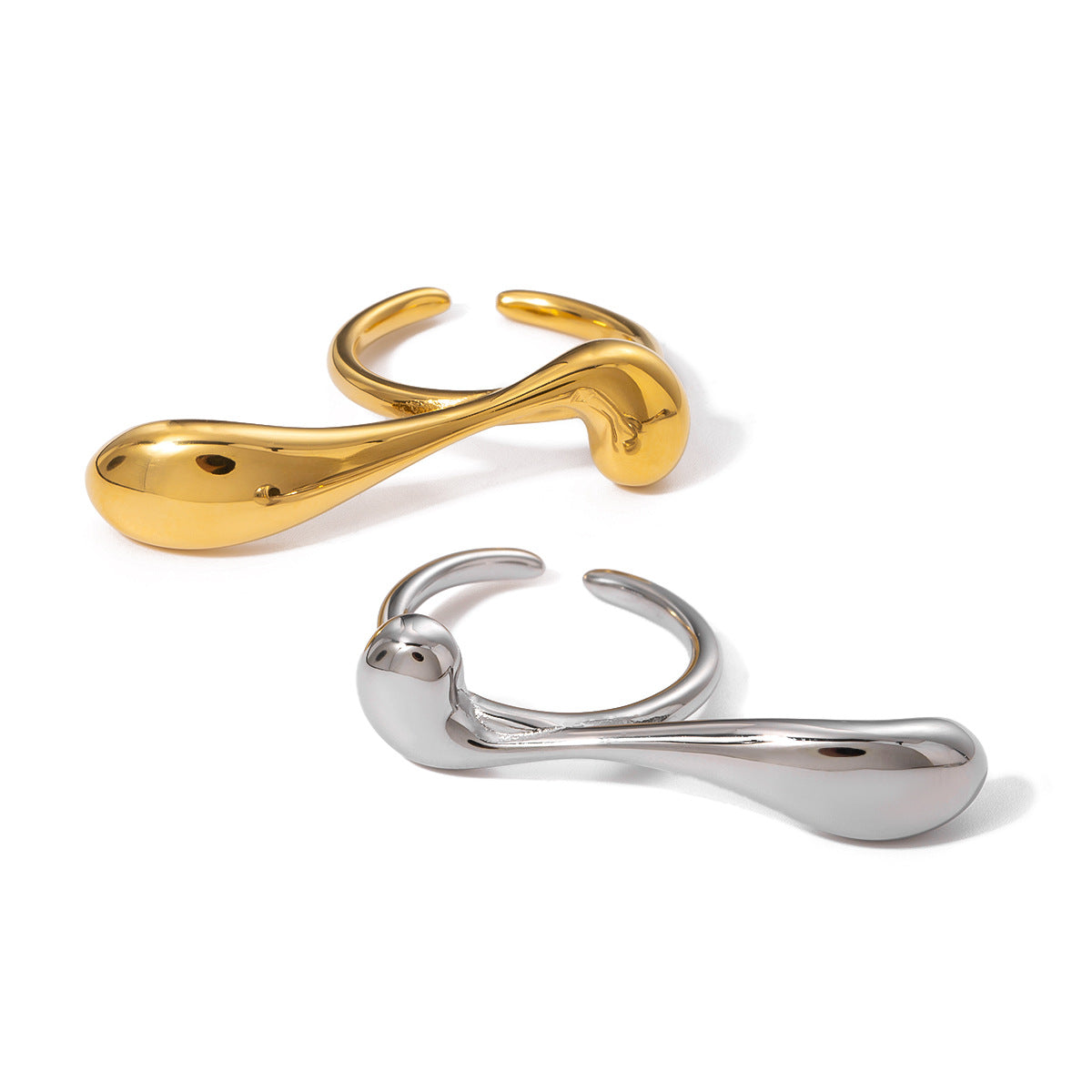 Anello aperto da donna minimalista con goccia d'acqua irregolare in acciaio inossidabile placcato oro 18 carati