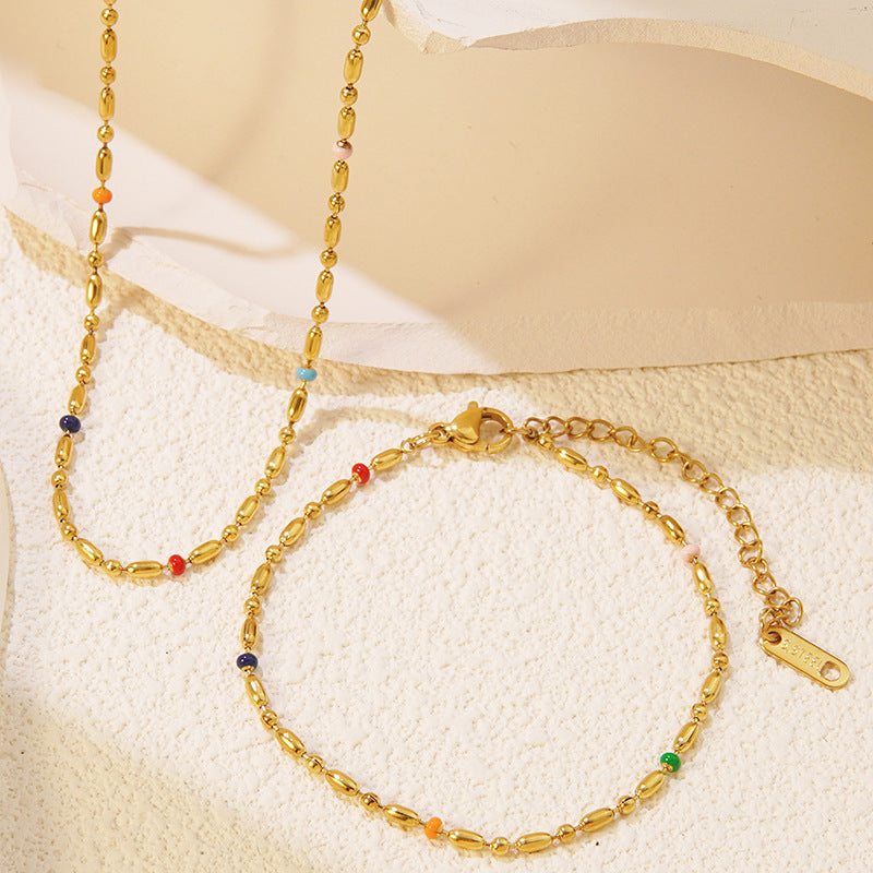 Minimalist Elegant 18K Gold Plated Stainless Steel Titanium Steel Geometric Round Seed Bead Necklace Bracelet Set