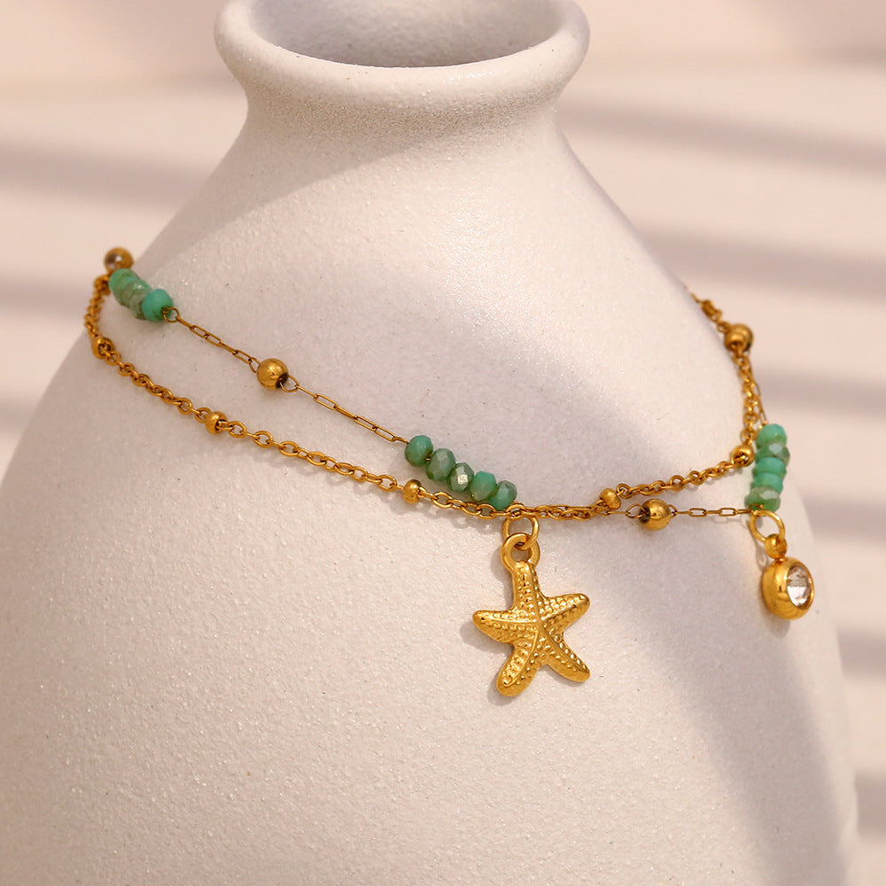Bracciale da donna a doppia catena con stella marina in acciaio inossidabile placcato oro 18 carati, geometrico, minimalista e alla moda