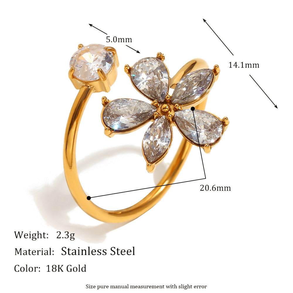 Anello alla moda in acciaio inossidabile con motivo floreale per donna, placcato in oro 18 carati e zirconi