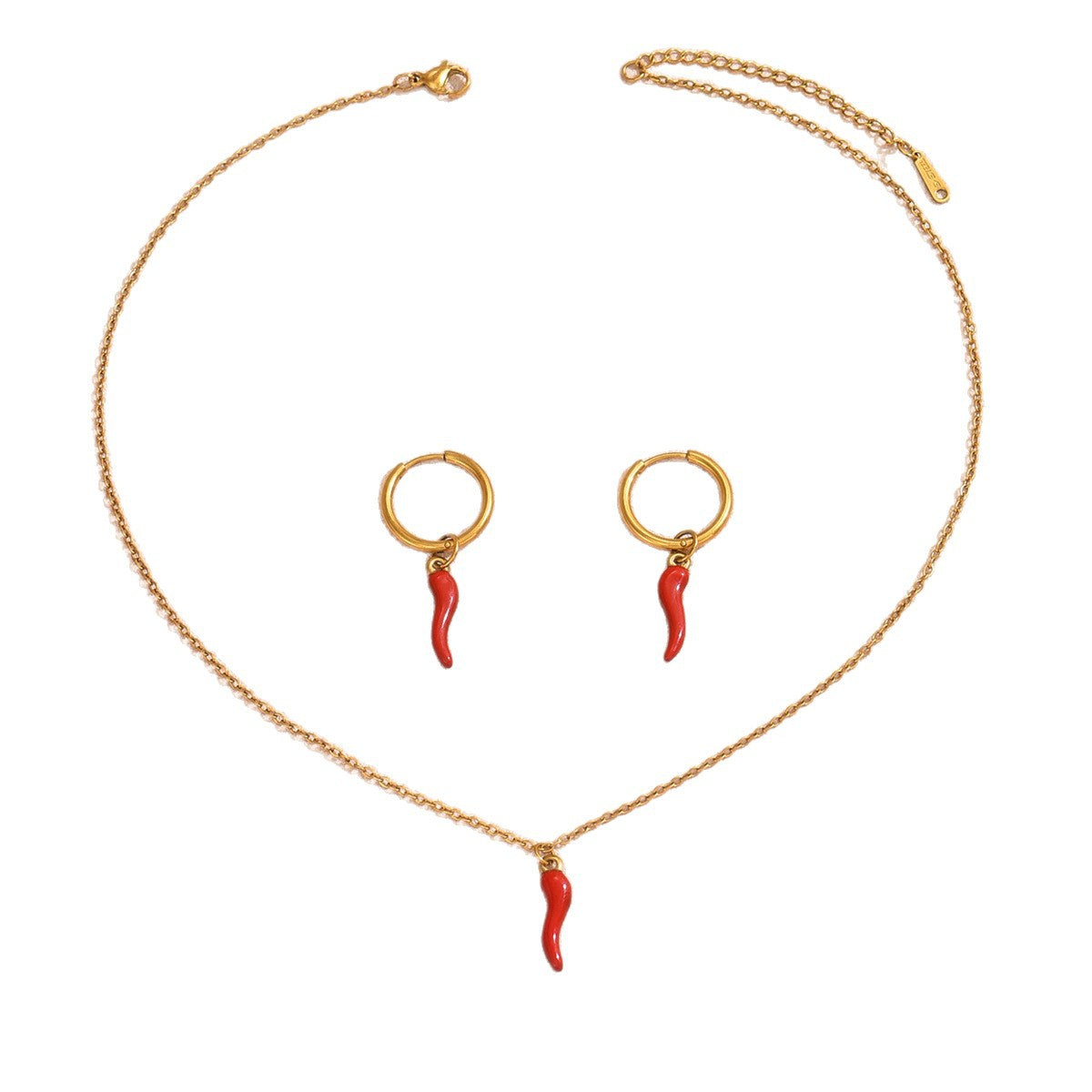 Minimalist Red Chili Pepper Stainless Steel Jewelry Set for Women with Plated Necklace and Earrings