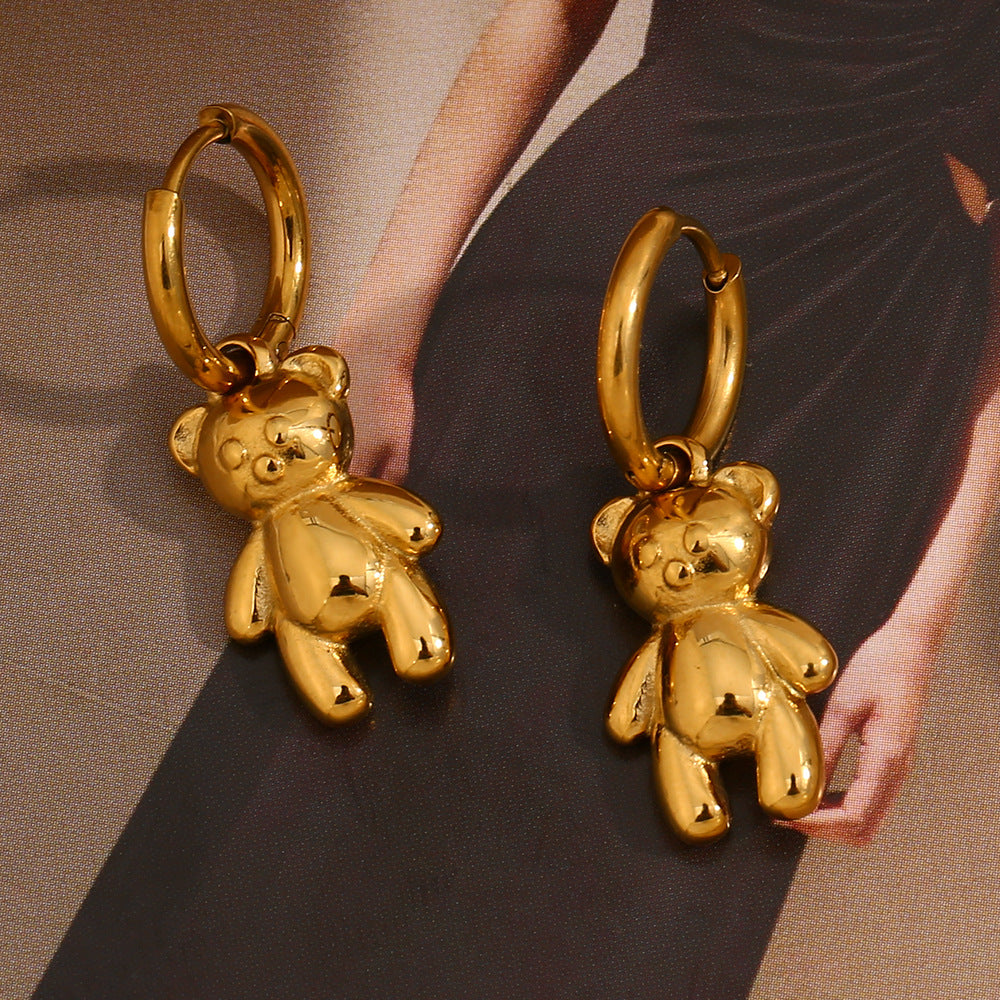 Orecchini da donna in acciaio inossidabile placcati oro 18K a forma di orsetto, design minimalista con animali, alla moda e adatti per l'ufficio