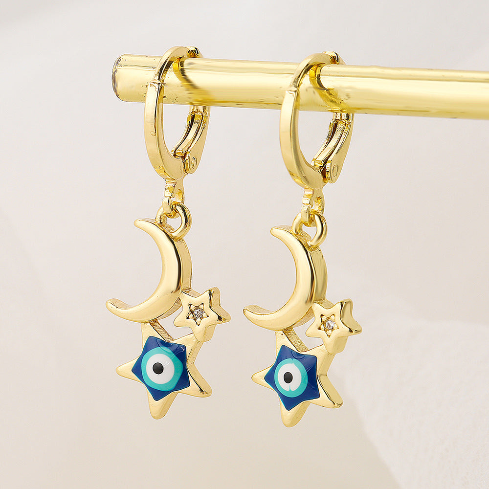 Minimalist Star and Moon Shaped Copper Earrings with Gold Plating for Women
