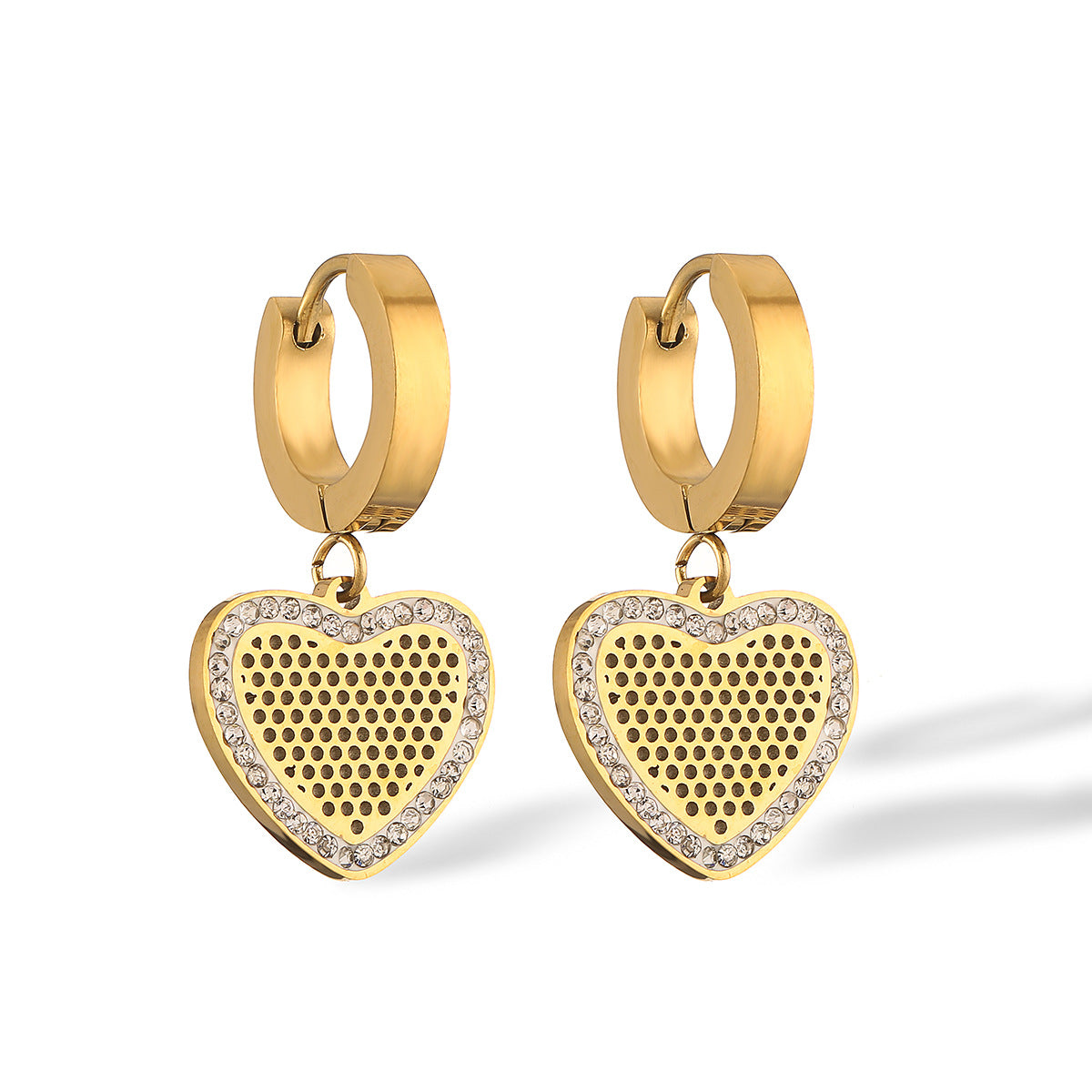 Orecchini Minimalisti a Cuore in Acciaio al Titanio con Placcatura in Oro Vero e Intarsio in Zirconi per Donna