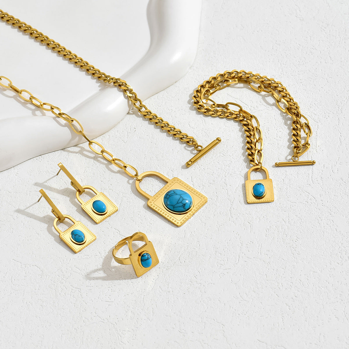 Conjunto de collar, aretes y pulsera con incrustaciones de turquesa en forma de candado para mujer, estilo hip hop minimalista