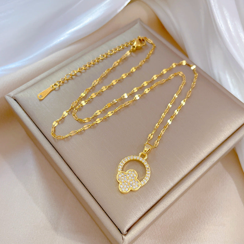 Collar con colgante circular floral minimalista para mujer de acero de titanio con acabado chapado y motivo lunar