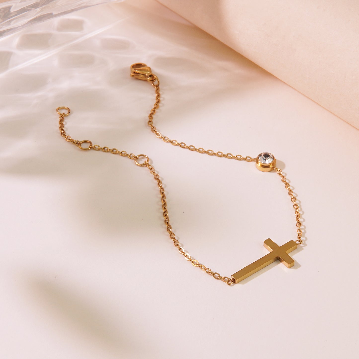 Minimalist Elegant Gold Plated Stainless Steel Cross Geometric Bracelet with Cubic Zirconia for Women
