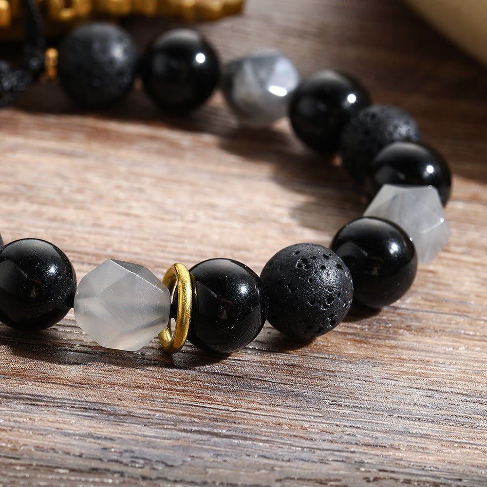 Men's Handmade Adjustable 10mm Faceted Black Volcanic Stone Beaded Bracelet
