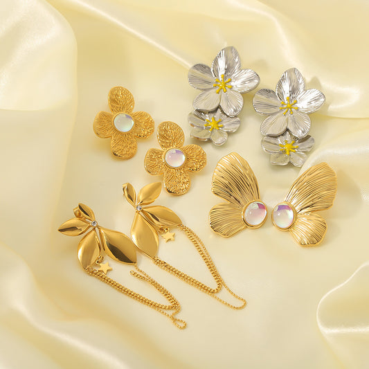 Minimalist Floral Butterfly Stainless Steel Earrings for Women with 18K Vacuum Plating Finish