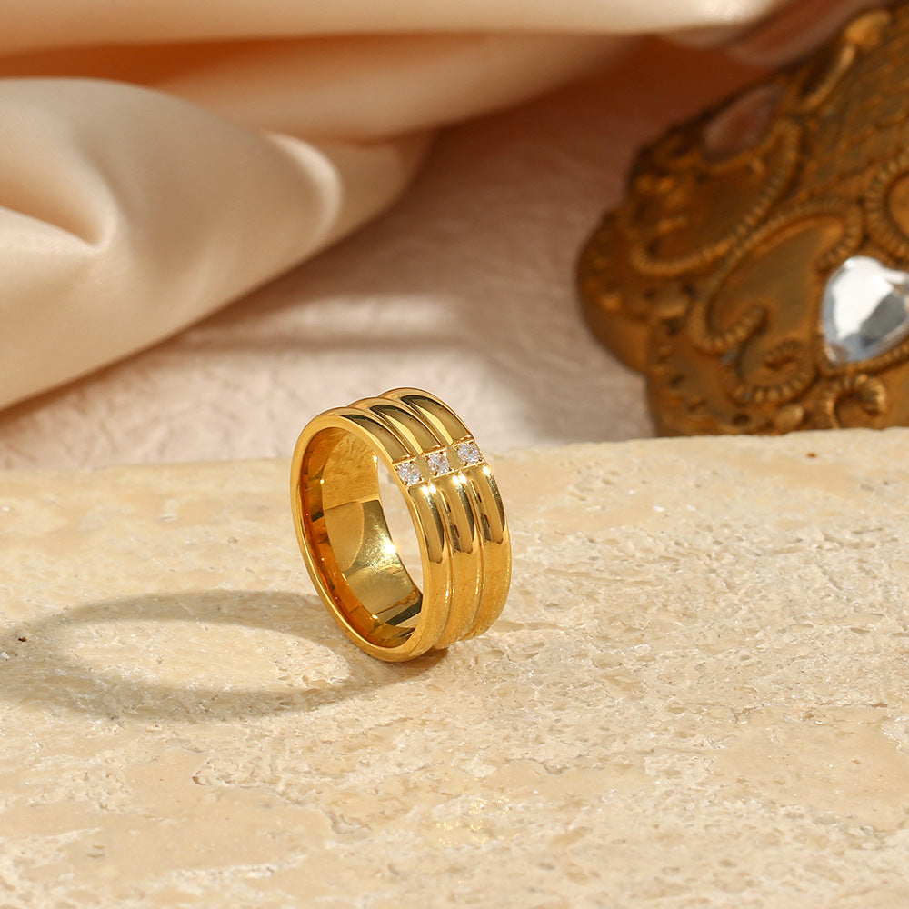 Fashionable Geometric Stainless Steel Ring for Women with 18K Gold Plating and Triple-Arc Surface Featuring Cubic Zirconia Accents