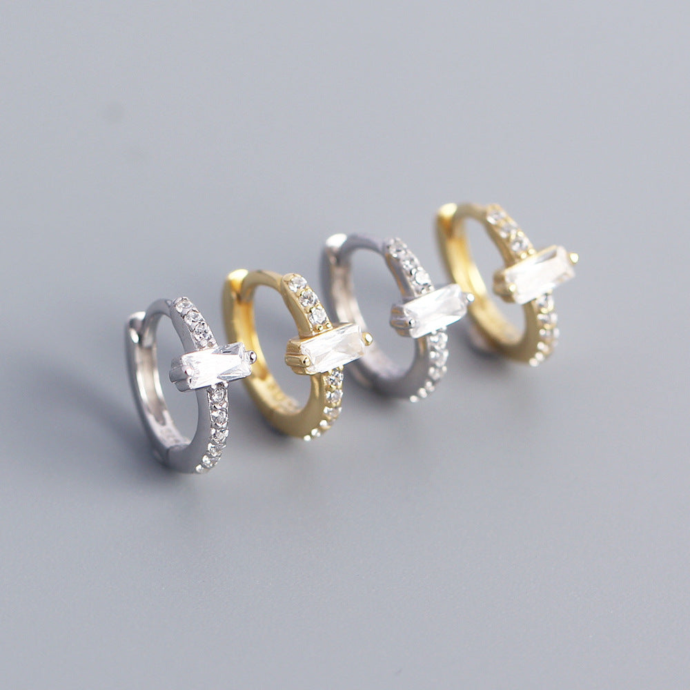 Minimalist Elegant 925 Sterling Silver Rectangle Geometric Inlaid Cubic Zirconia Hoop Earrings