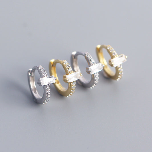 Minimalist Elegant 925 Sterling Silver Rectangle Geometric Inlaid Cubic Zirconia Hoop Earrings
