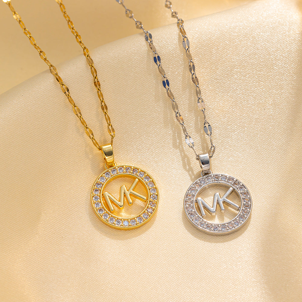 Minimalist Round Letter Pendant Necklace in Titanium Steel with Gold Plating for Women