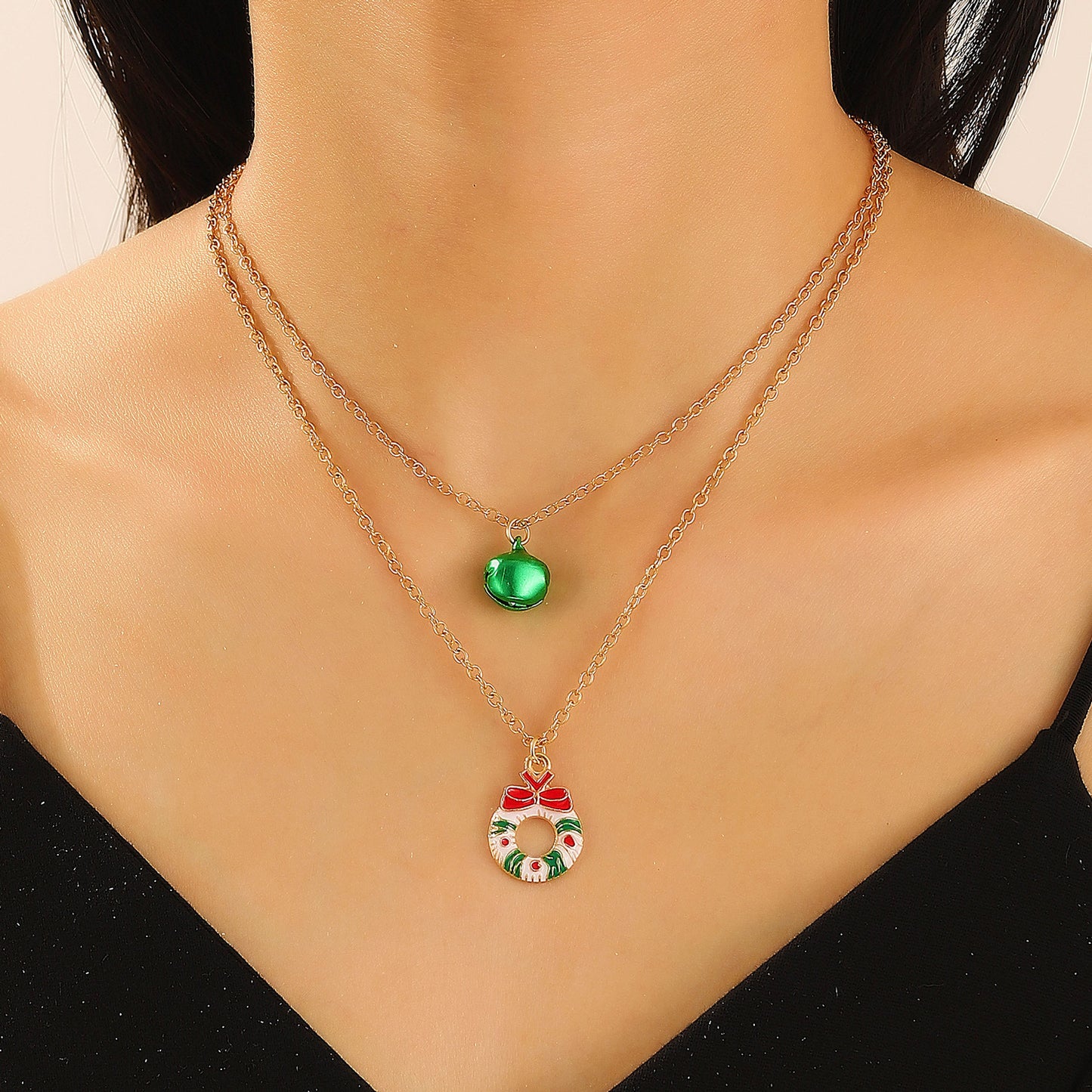 Collana a doppio strato in lega stile Ins con ciondolo Renna e Campanella di Natale per Donna, Gioielli per Feste Natalizie