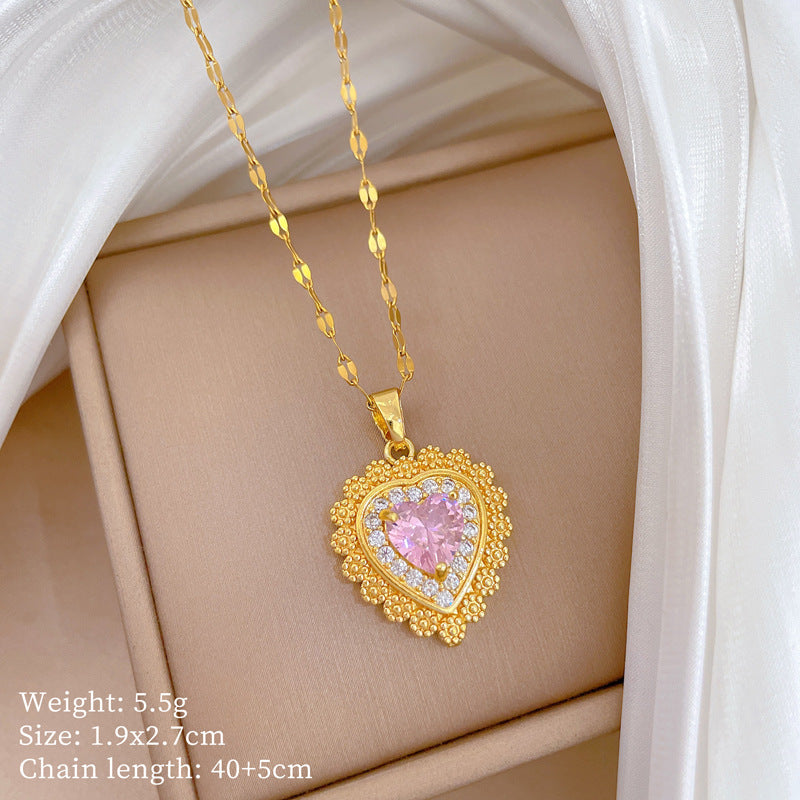 Minimalist Geometric Titanium Steel Necklace with Gold Plated Brass Pendant and Rhinestone Inlay