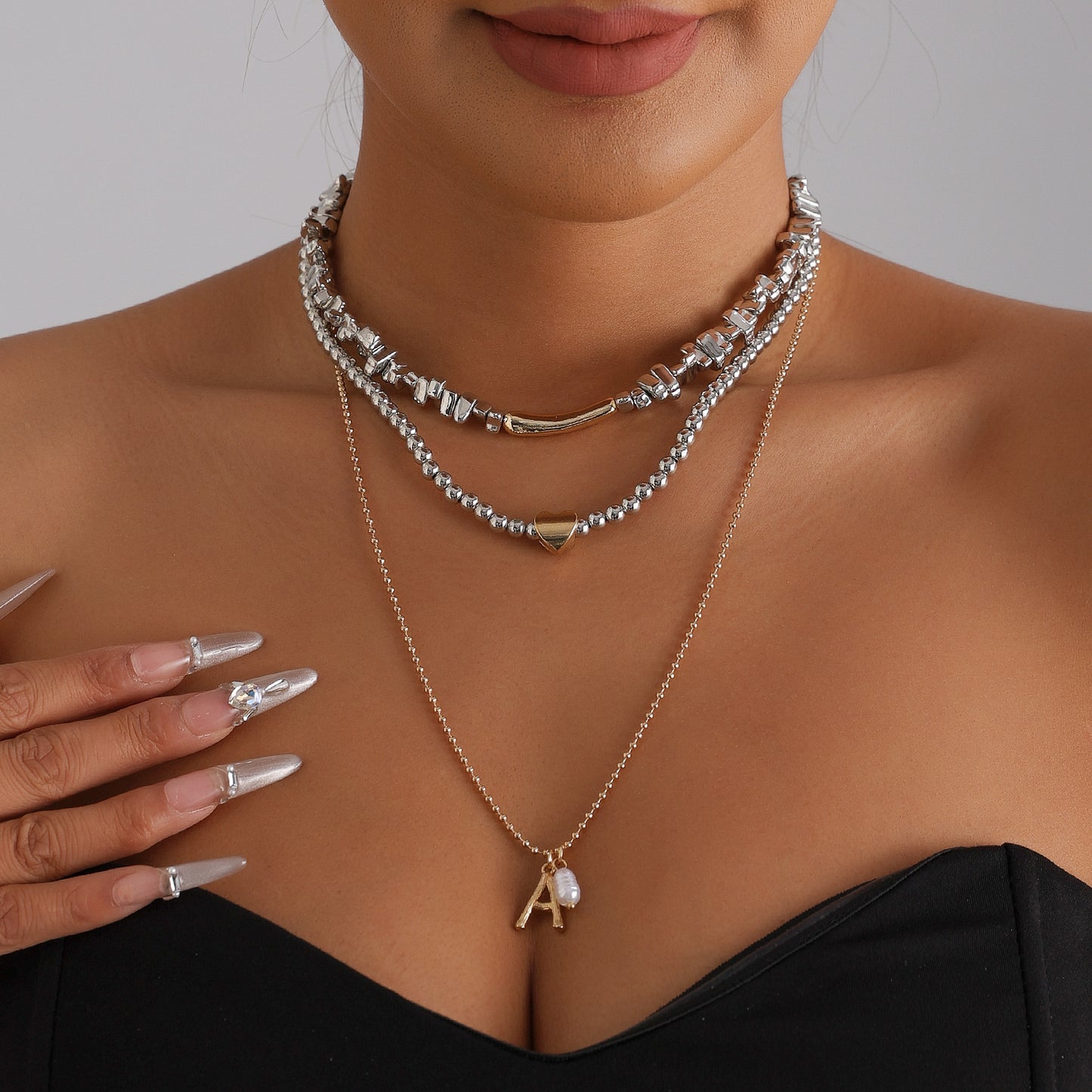Elegant Irregular Heart Letter A Beaded Alloy Necklace for Women