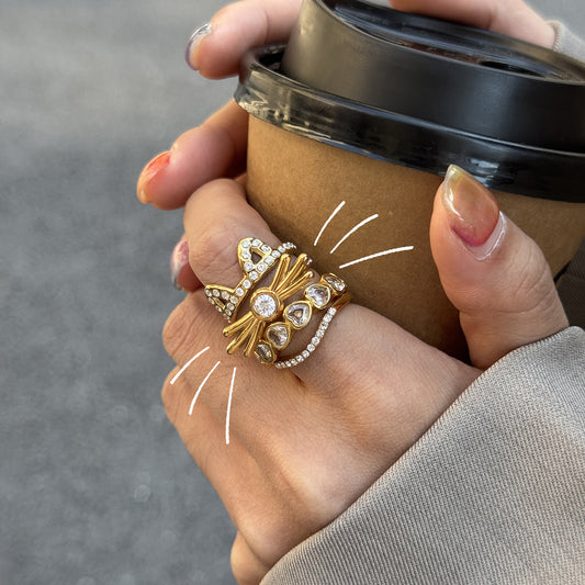 Cat-Shaped Geometric Titanium Steel Ring with Zirconia Accents, PVD Vacuum Gold Plated, Fashion-Forward Women's Jewelry