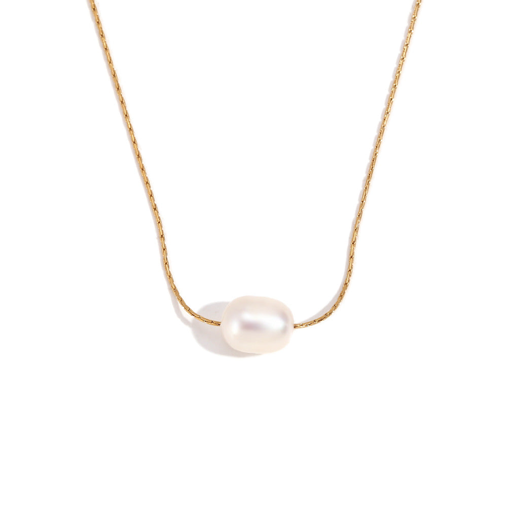 Minimalist Geometric Stainless Steel Plated 18K Gold Delicate Clavicle Necklace for Women with Pearl Accent