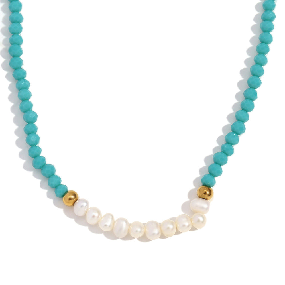 Vintage Style Geometric Pendant Necklace for Women with Stainless Steel Chain, Titanium Steel Pendant, Plated Finish, Freshwater Pearl and Blue Faceted Crystal Accents