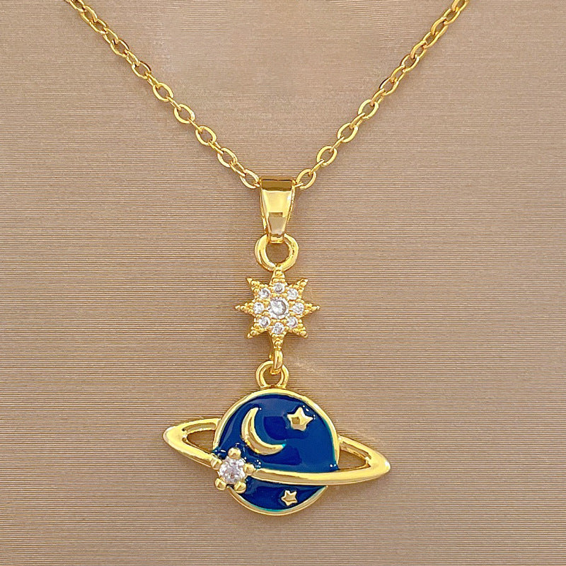 Luxury Sweet Galaxy Planet Pendant Necklace Titanium Steel Chain Rhinestone Inlay Geometric Design