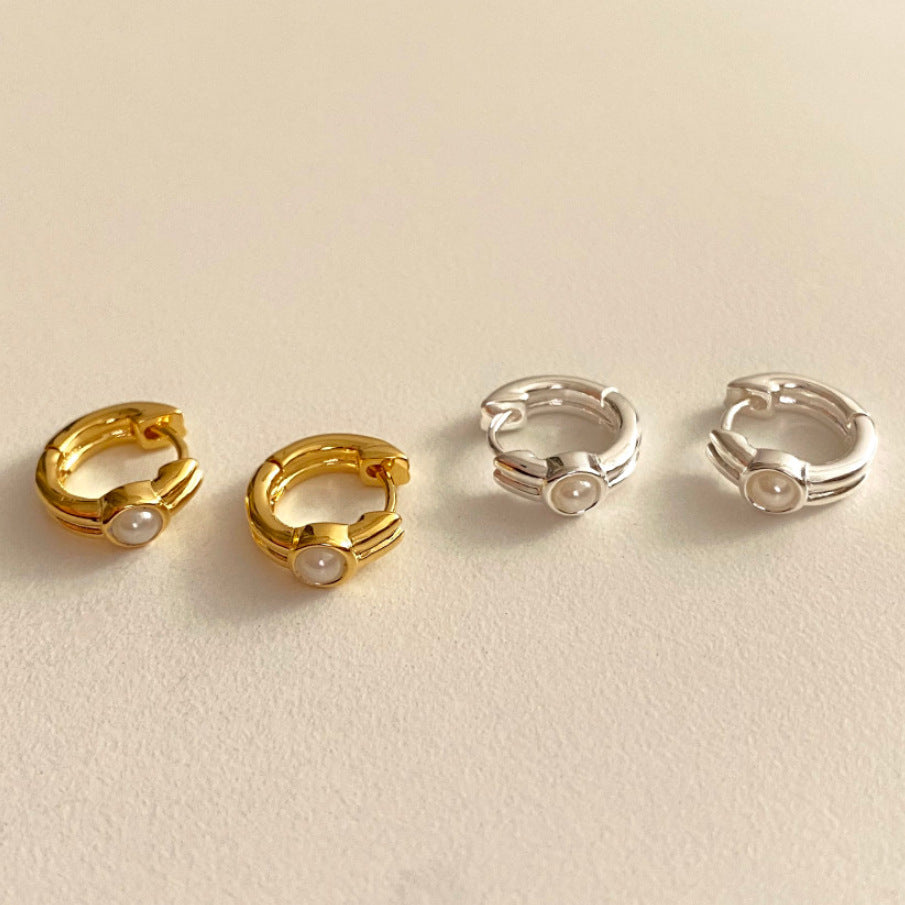 Minimalist Sweet 925 Sterling Silver Geometric Letter Pearl Stud Earrings Gold Plated