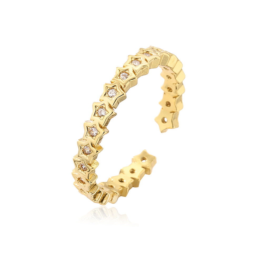 Anello Aperto Geometrico Minimalista da Donna Realizzato in Ottone con Placcatura in Oro 18K e Intarsio in Zirconi