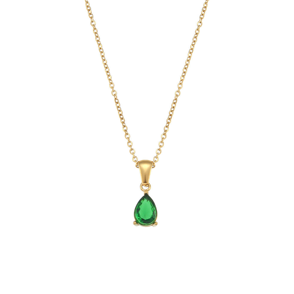Minimalist Geometric Teardrop Zircon Pendant Necklace in Stainless Steel with 18K Gold Plating for Women