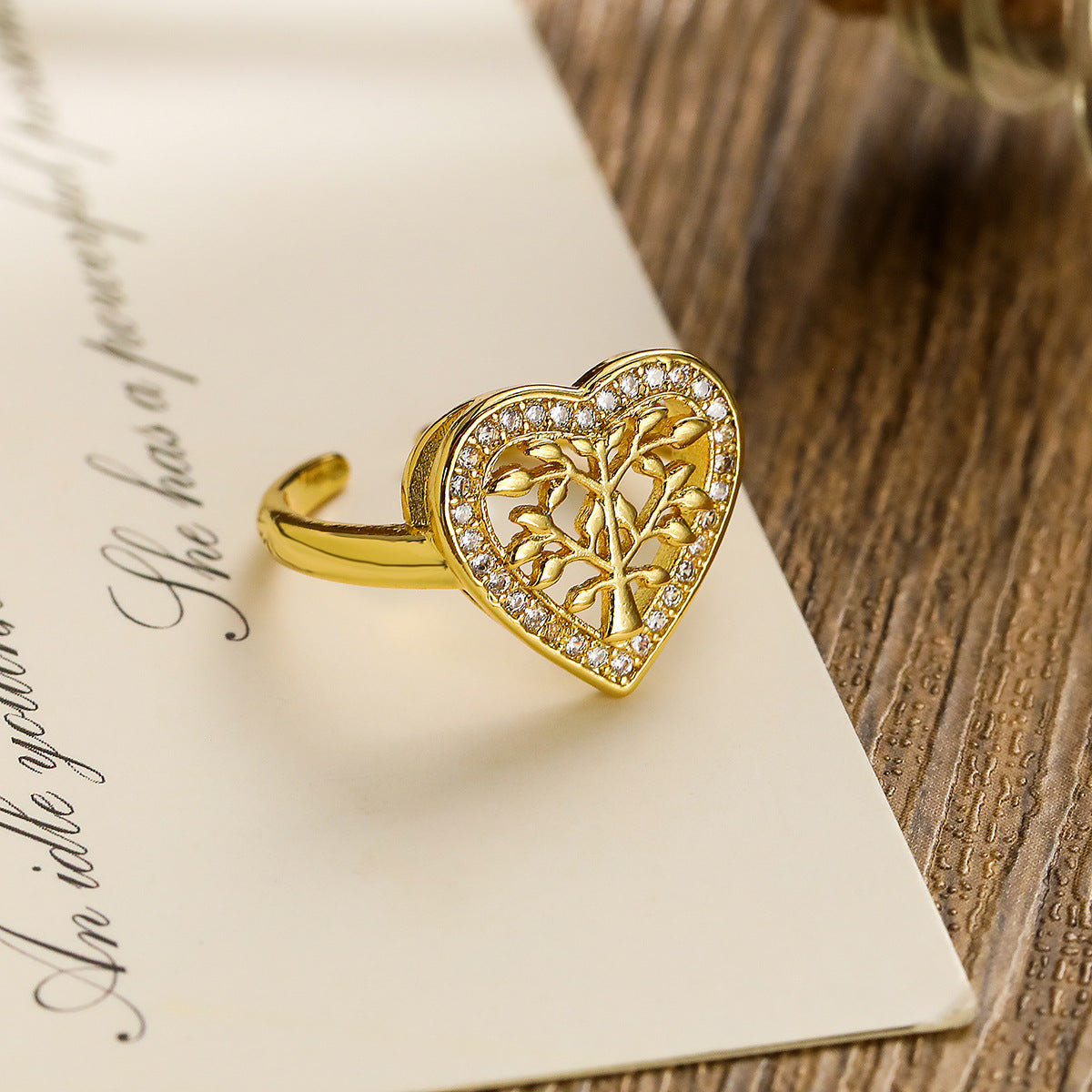 Anello aperto geometrico minimalista da donna in ottone con zirconia micro-pavé con design Albero della Vita
