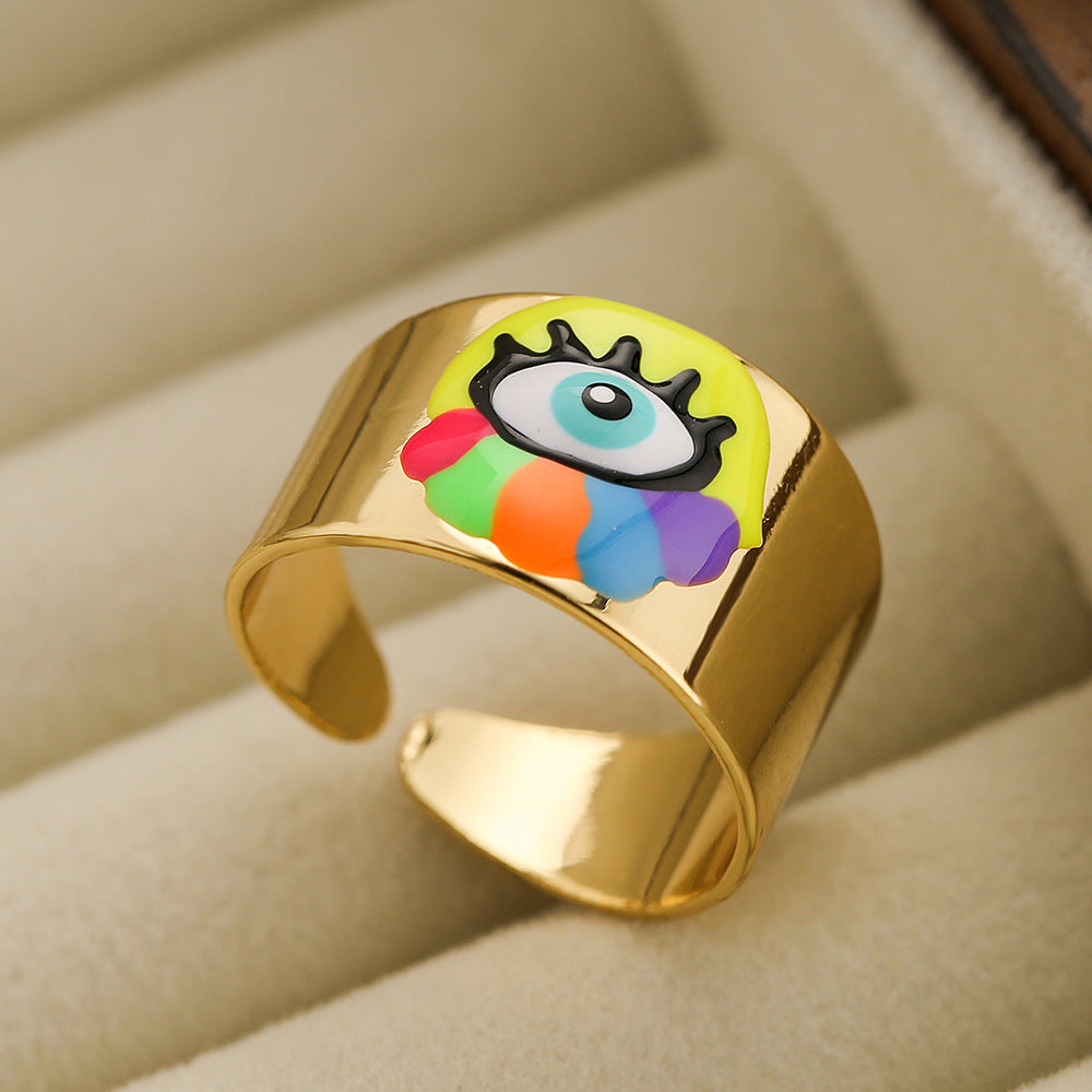 Anello Aperto Geometrico da Donna con Base in Rame Placcato Oro 18K e Smalto Design Occhio di Allah