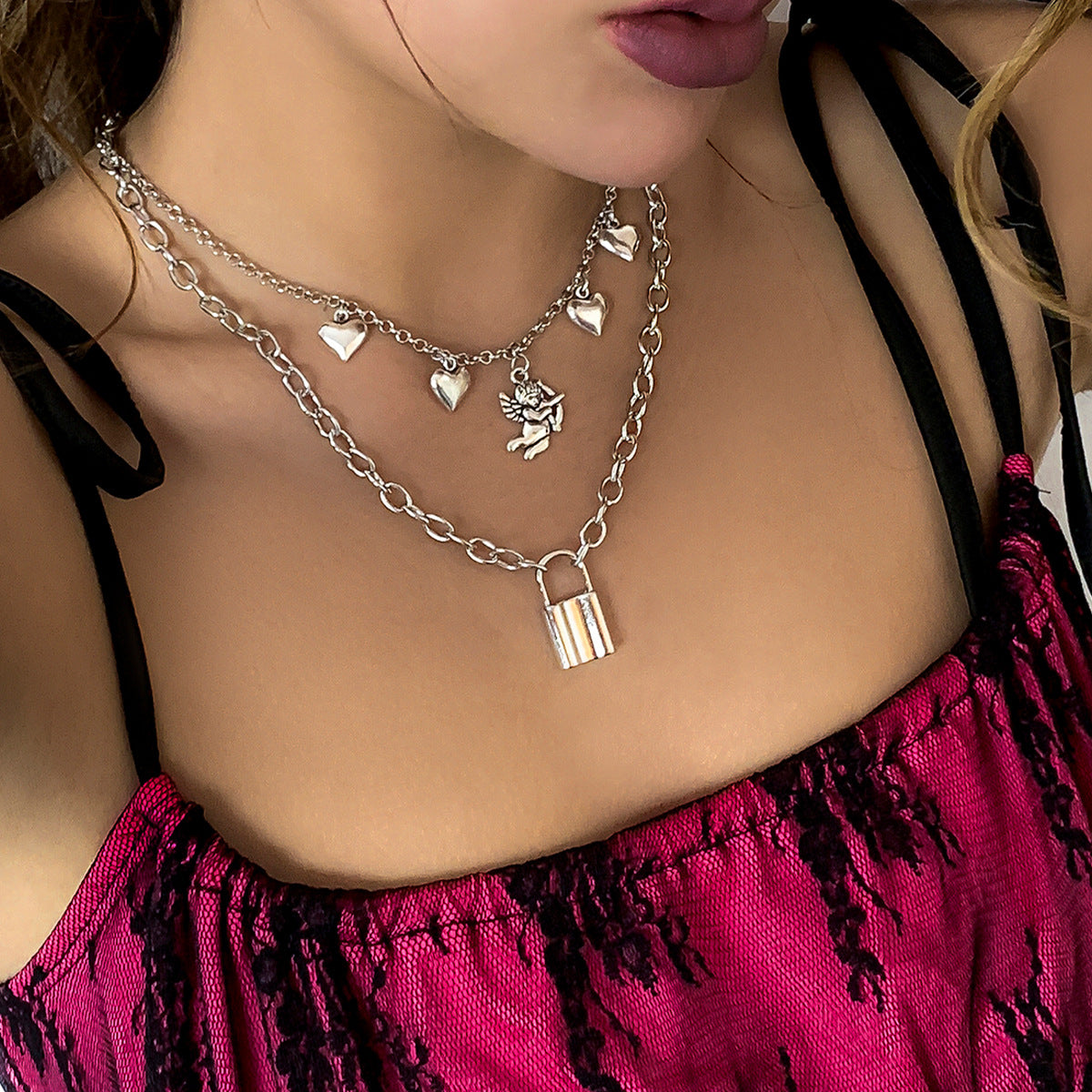 Minimalist Alloy Plated Lock and Heart Pendant Necklace with Curb Chain for Women