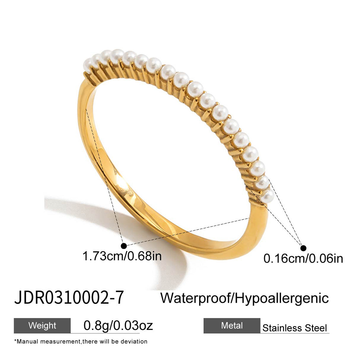 Anello da donna in acciaio inossidabile con motivo geometrico a foglia di ginkgo, placcatura in oro PVD 18K e perla