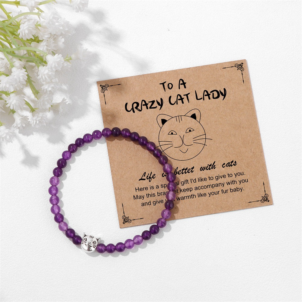 Amethyst Crystal Cat Bracelet for Women Handmade Elastic Bangle