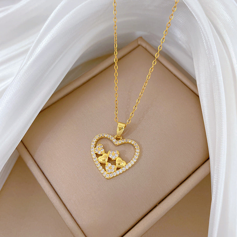 Sweet Minimalist Heart Moon Geometric Rhinestone Titanium Steel Necklace for Unisex