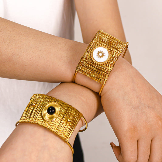 Minimalist Wide Cuff Bracelet in Titanium Steel with 18K Gold Plating and Natural Stone Inlay for Women