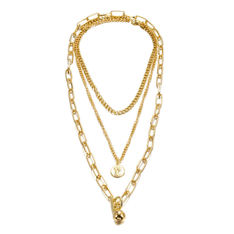 Vintage Geometric Round Alloy Human Head Pendant Multi-layer Snake Chain Necklace for Women