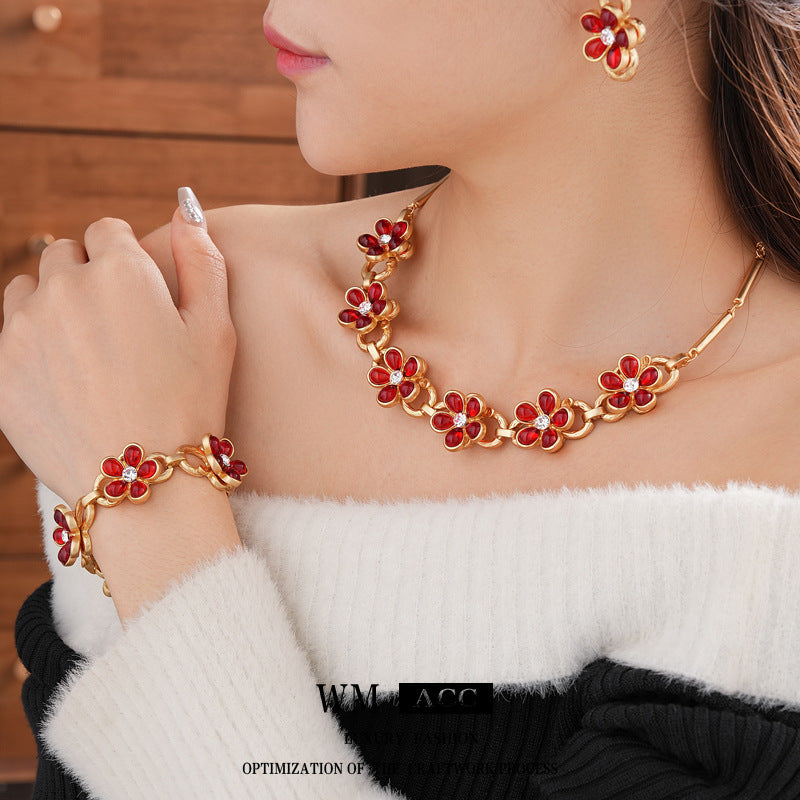 Set collana con ciondolo in vetro floreale vintage con orecchini e bracciale in lega per donna, gioielli di lusso galvanizzati
