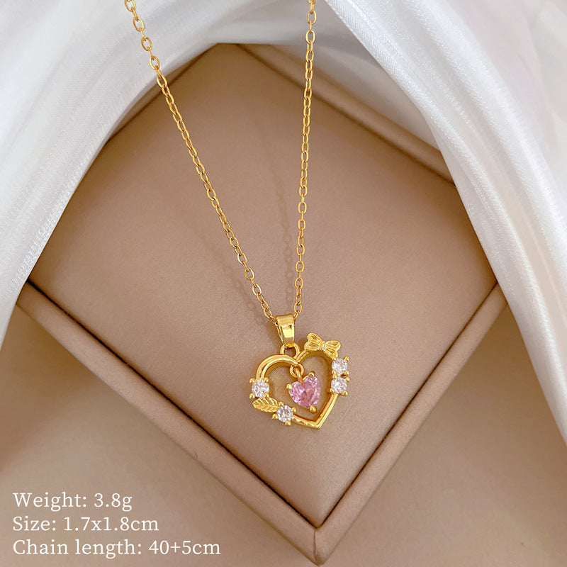 Elegant Heart Bow Pendant Necklace for Women Stainless Steel Chain with Rhinestone Accents Minimalist Geometric Design