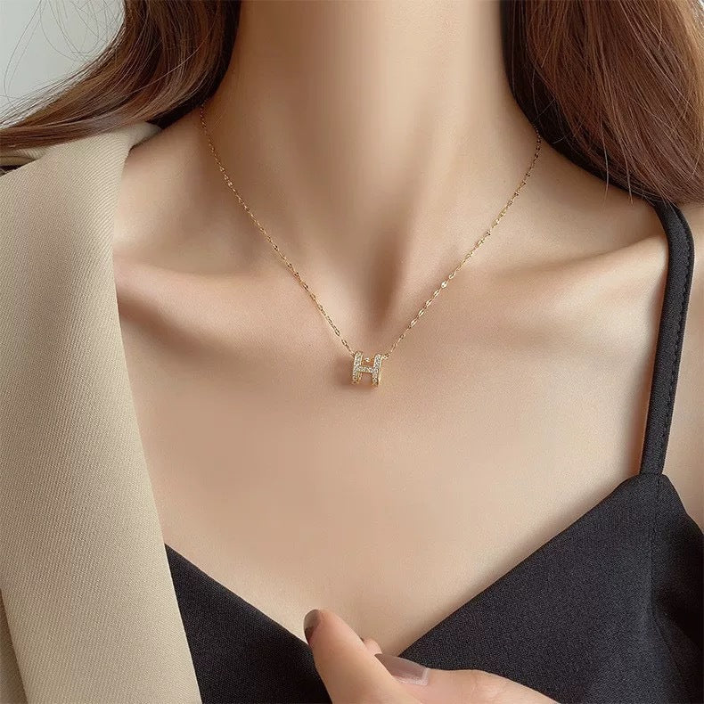 Minimalist Letter H Titanium Steel Necklace with Rhinestone Plated Pendant for Unisex