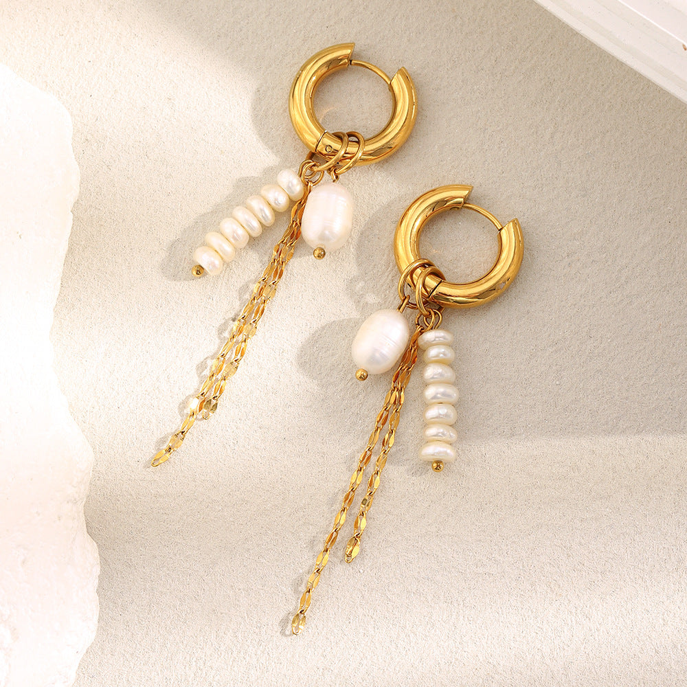 Minimalist Geometric Stainless Steel Earrings with 18K Gold Plating, Pearl-Embellished Chain Tassel Design for Women