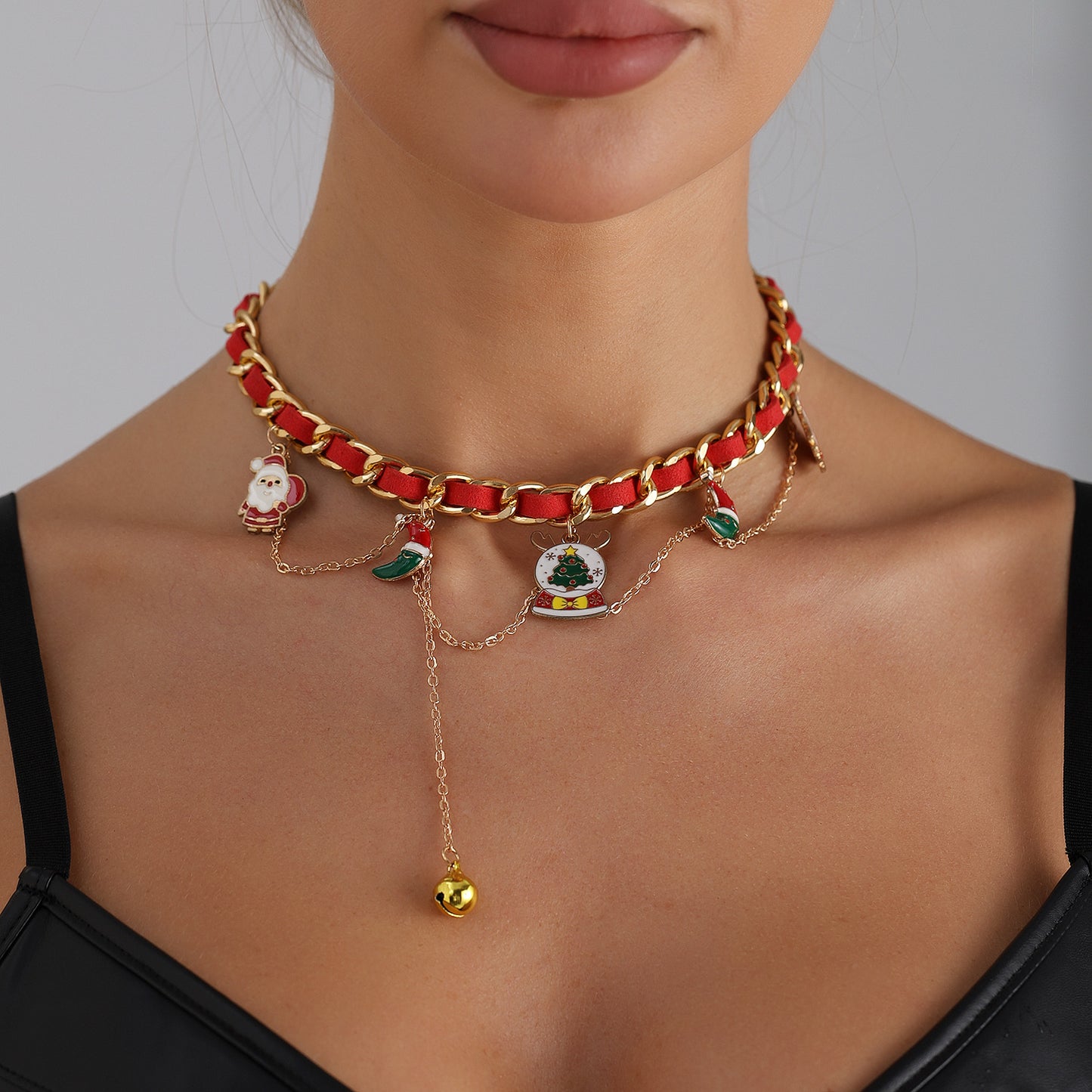 Geometric Alloy Plated Ribbon Woven Choker Necklace with Christmas Bell for Women