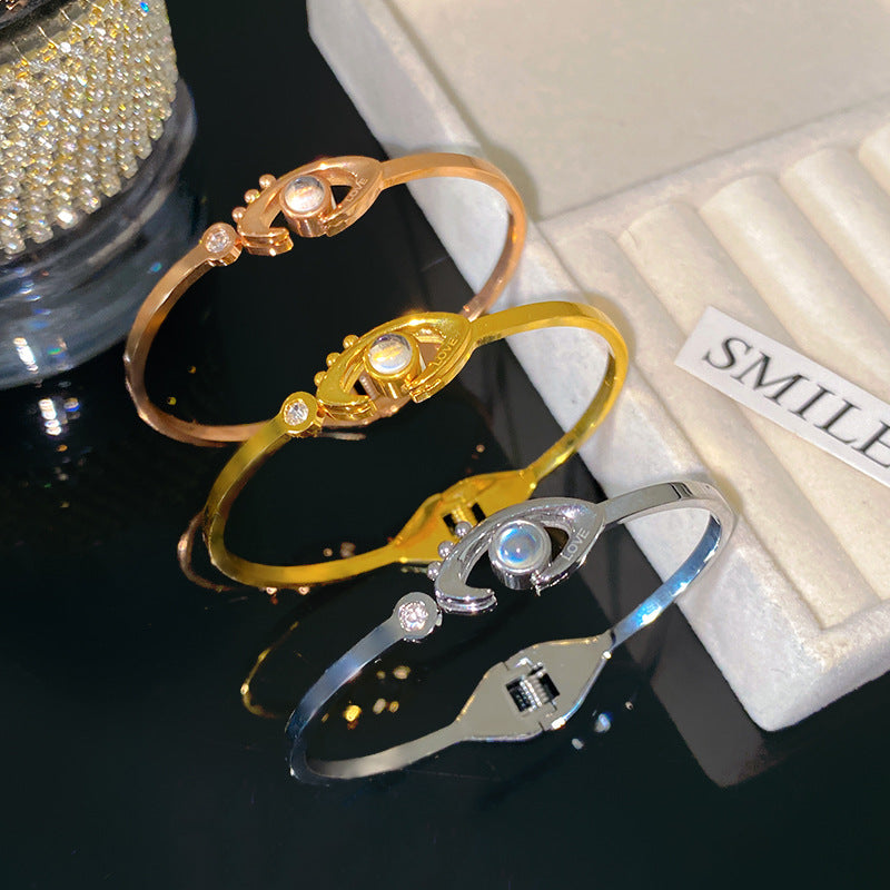 Rose Gold Plated Titanium Steel Evil Eye Projection Bracelet with 100 Languages I Love You Message Open Cuff