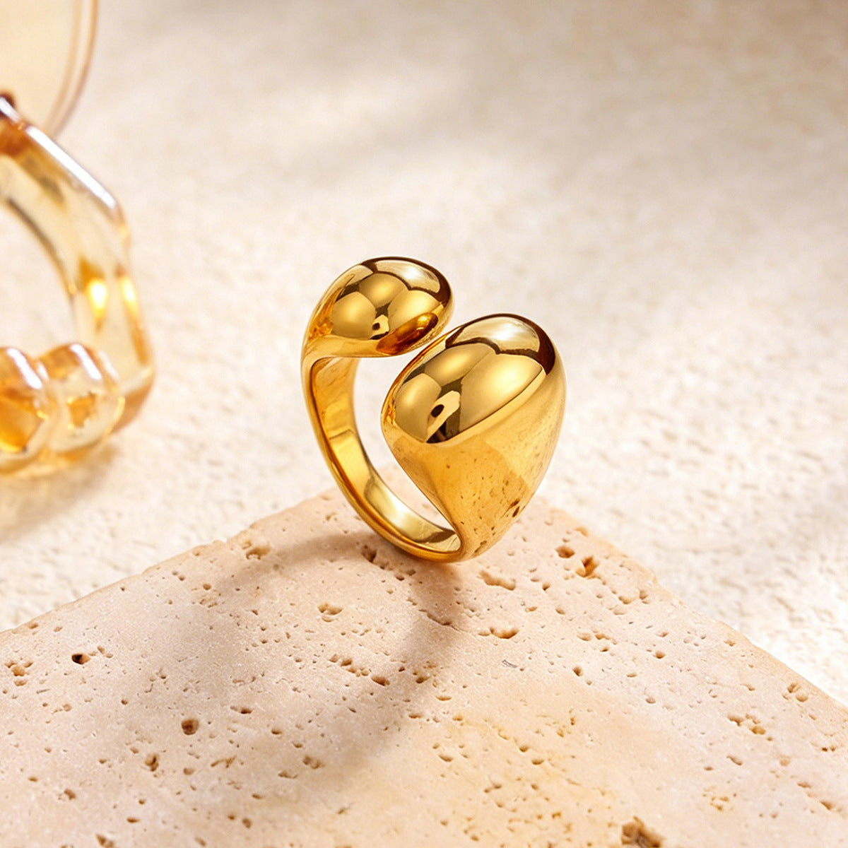 Luxury Minimalist 18K Gold Plated Stainless Steel Rhinestone Inlaid Geometric Open Ring for Women