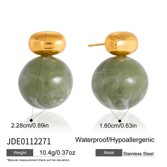Minimalist Luxury Geometric Round Green Resin Stainless Steel Earrings PVD Plated